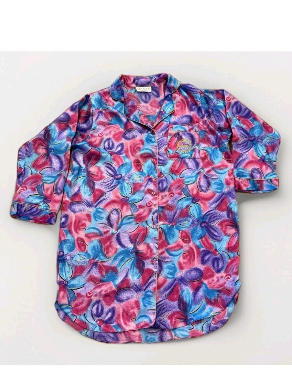 Vtg Adolfo 90s Women's Multicolor purple pink Satin sleepwear pajama shirt